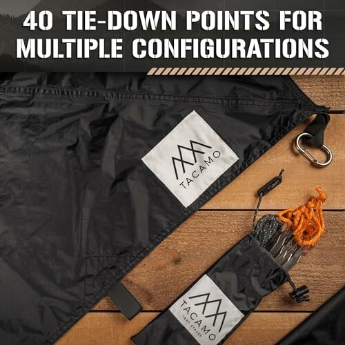 Camping tarp with 40 tie-down points for multiple configurations.