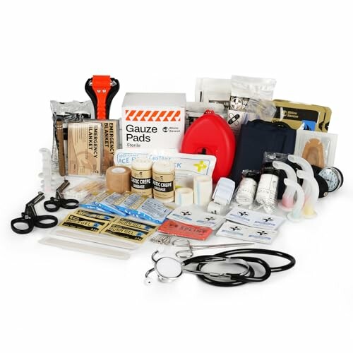 Comprehensive emergency first aid kit with various medical supplies and tools.