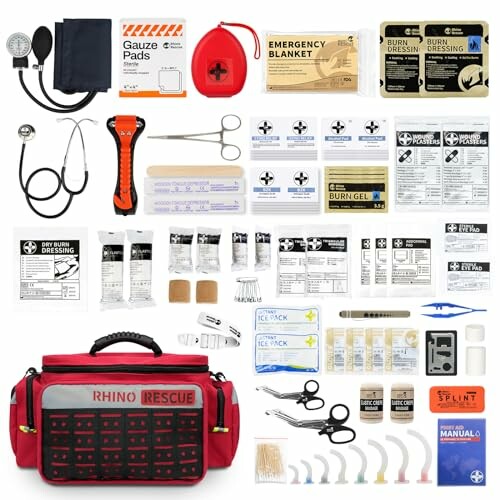 Comprehensive emergency medical kit with various supplies and tools.