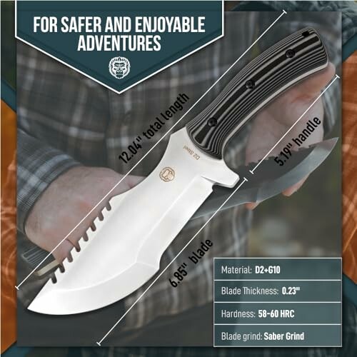 Knife with specifications: 12.04 inch total length, 6.85 inch blade, 5.19 inch handle, D2+G10 material, 0.23 inch thickness, 58-60 HRC hardness, saber grind.