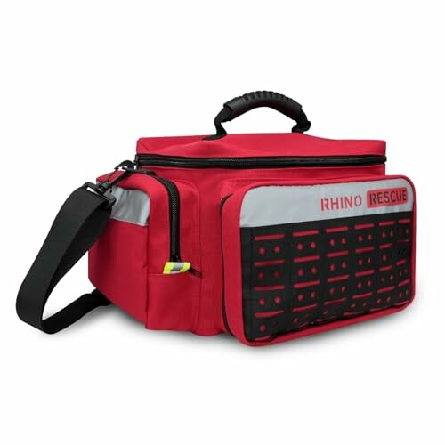 Red rescue bag with multiple compartments and handle