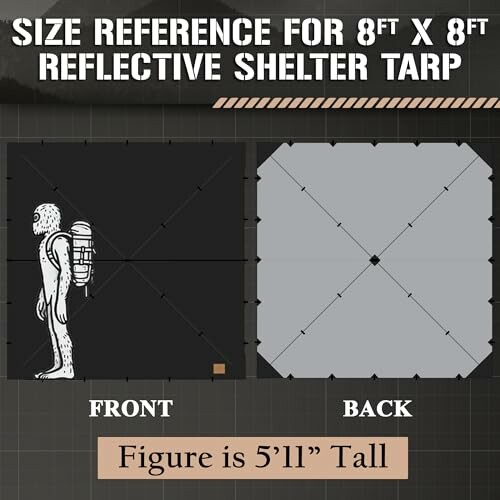 Size reference for 8x8 ft reflective shelter tarp with front and back views.