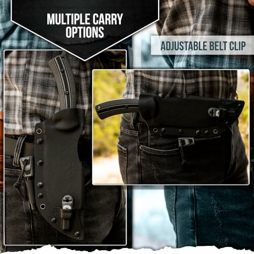 Knife with adjustable belt clip in holster.